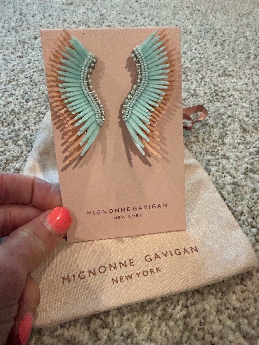 Mignonne Gavigan Mint teal and Gold cream Wing Earrings angel - GORGEOUS